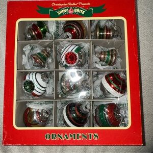 Christopher Radko SHINY BRITE 12 glass ornaments striped Tinsel/indent /balls